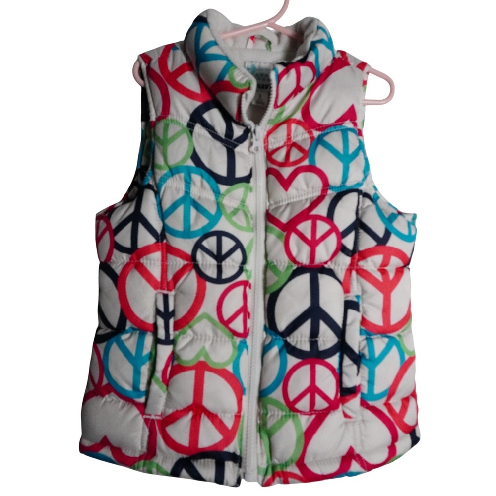 Old Navy Puffer Vest Size S 6-7 Peace Sign Heart Print Multicolor Fleece Lined